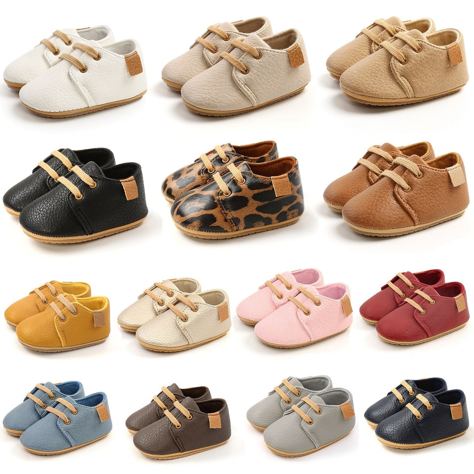 14Colors Newborn Boys PU Lace-up Shoes Baby Girls High Grade Non-slip Soft Sole Toddler Frist Waliking Shoes
