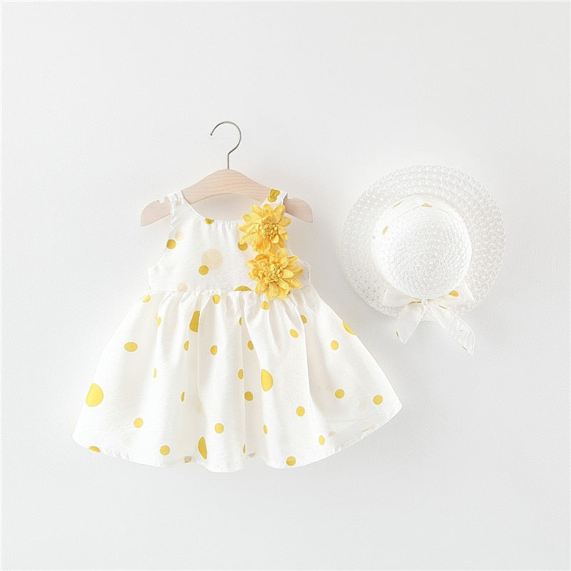 Big Bow Baby Dress Lovely Summer Infant Baby Girl Clothes Cute Dot Sleeveless Cotton Toddler Dresses+Sunhat Newborn Clothing Set